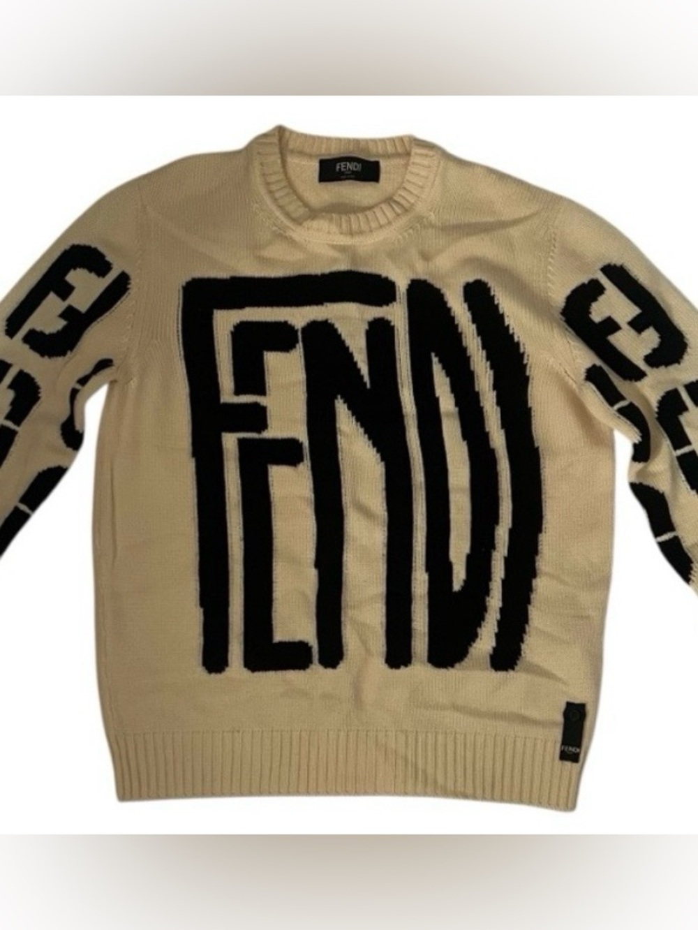Fendi Men's Logo Sweater in Beige with Black Accents, size IT 46 or US Small